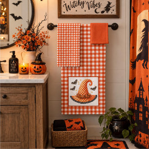 Conjunto De Toalhas Chapéu de Bruxa de Gingham Laranja de Halloween &