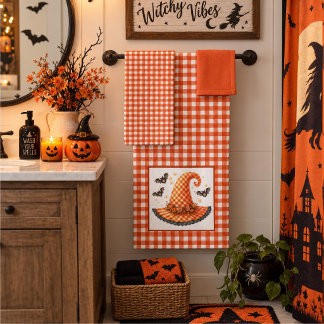 Conjunto De Toalhas Chapéu de Bruxa de Gingham Laranja de Halloween &