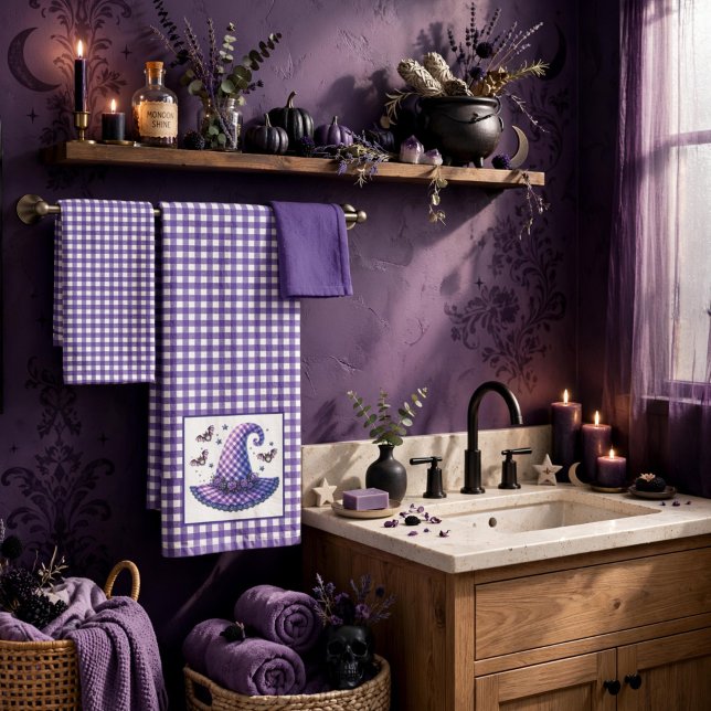 Conjunto De Toalhas Chapéu de Bruxa de Halloween em Xadrez Roxo & Morc (Criador carregado)