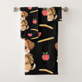 Conjunto De Toalhas Charming puppy reading, school bag pattern