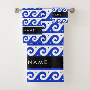 Conjunto De Toalhas Chave Grega Meander, Chave Wave, Azul, Seu Nome