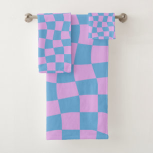 Conjunto De Toalhas Checkboard Retro Mod Abstrato em azul e roxo