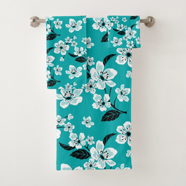 CONJUNTO DE TOALHAS CHERRY BLOSSOM - SAKURA (TEAL) (Insitu)