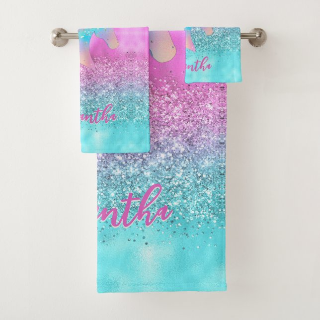 Conjunto De Toalhas Chic Aqua Pink Unicorn Glitter monograma (Insitu)