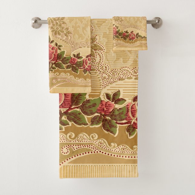 Conjunto De Toalhas Chic Art Nouveau Dourado e Red Floral (Insitu)