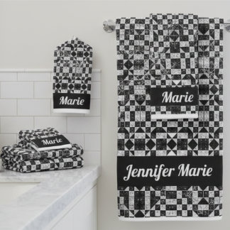Conjunto De Toalhas Chic Black & White Floral Checkerboard Custom Name