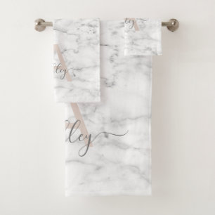 Conjunto De Toalhas Chic Blush White Marble Script Name Monogramo