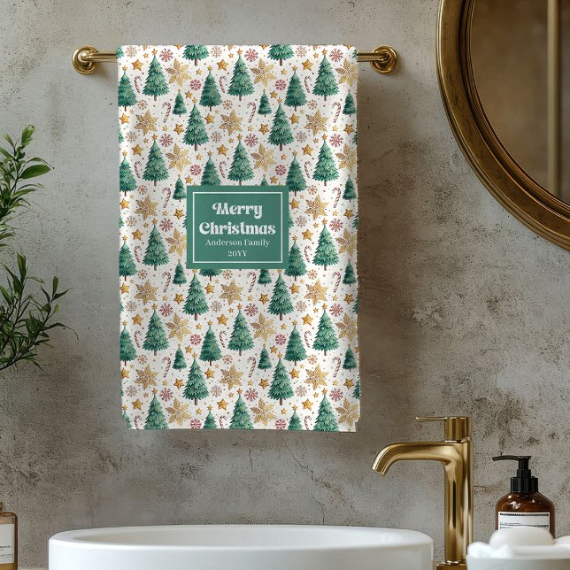 Conjunto De Toalhas Chic Christmas trees red green festive bath towel (Chic Christmas trees red green festive bath towel)
