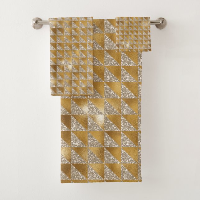 Conjunto De Toalhas Chic de Padrão Geométrico Dourado Elegante Silver (Insitu)