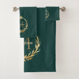Conjunto De Toalhas Chic Emerald Green Monograma Dourado Eucalyptus Wr