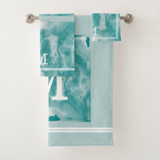 Conjunto De Toalhas Chic Moderno Teal E Azul Dusty Monograma