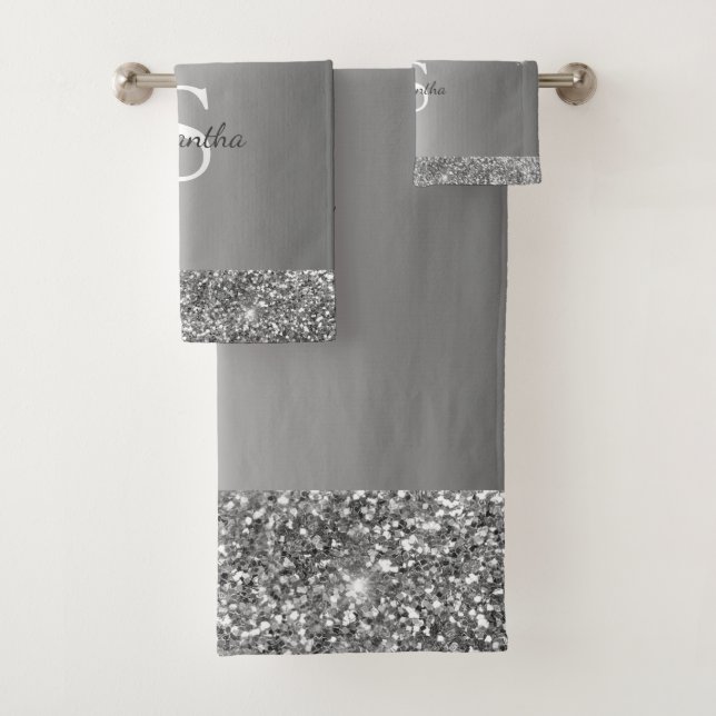 Conjunto De Toalhas Chic Silver Glitter Drives Sparkle Monograma Nome (Insitu)
