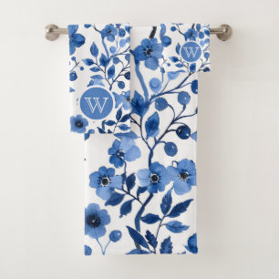 Conjunto De Toalhas Chic Vintage Francês Blue Floral Patternos Monogra