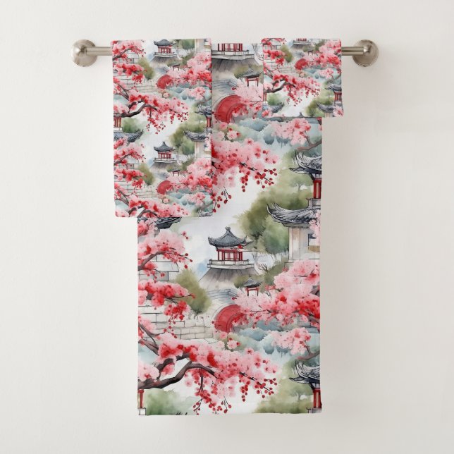 Conjunto De Toalhas Chinese Pagoda Watercolor Pattern  (Insitu)