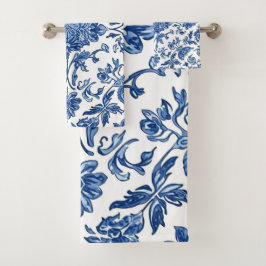 Conjunto De Toalhas Chinoiserie Floral Azul em Aquarela Branca