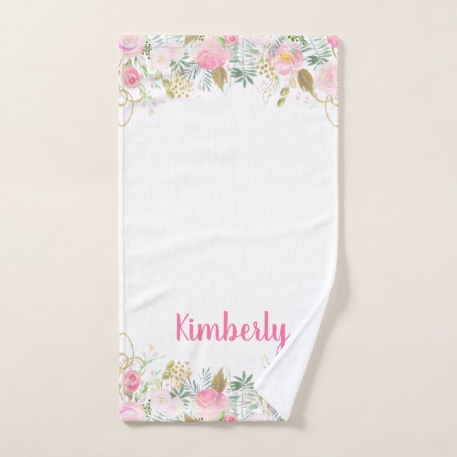 Conjunto De Toalhas Chique das Flores de Água Douradas e Rosa (Toalha de mão)