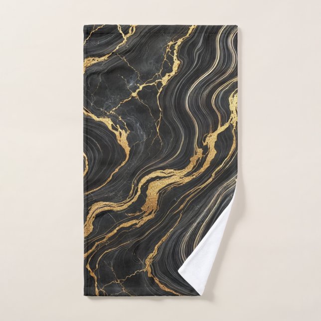 Conjunto De Toalhas Chique Glamour Preto e Dourado com Efeito Mármore (Toalha de mão)