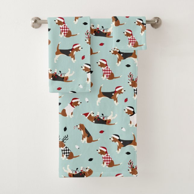 Conjunto De Toalhas Christmas Beagles Blue Bath Towel Set (Insitu)