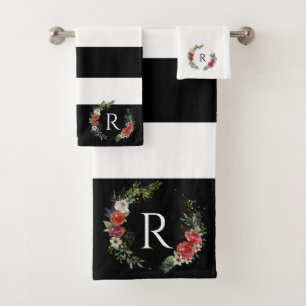 Conjunto De Toalhas Christmas floral wreath stripes monogram