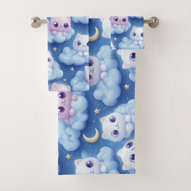 Conjunto De Toalhas "Chubby Kawaii Cats and Clouds 3D Padrão Invisível (Insitu)