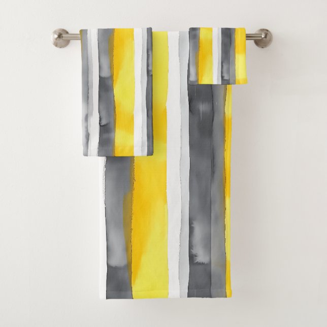 Conjunto De Toalhas Cinza Amarelo de Aquarelas com Linho Branco (Insitu)