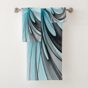 Conjunto De Toalhas Cinza Antracite Arte Fractal Azul Moderna