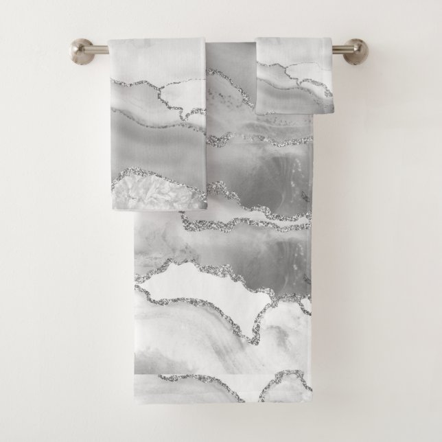 Conjunto De Toalhas Cinza Branco Prateado Brilho Ágata Elegante (Insitu)