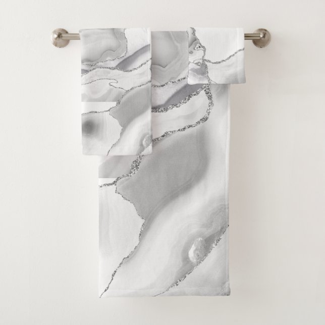 Conjunto De Toalhas Cinza Branco Prateado Brilho Ágata Elegante (Insitu)