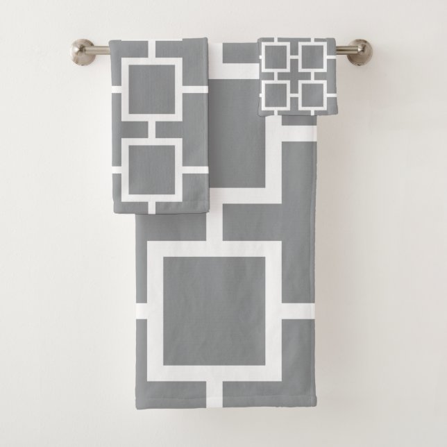 Conjunto De Toalhas Cinza Chic e Padrão Geométrico Quadrado Branco (Insitu)