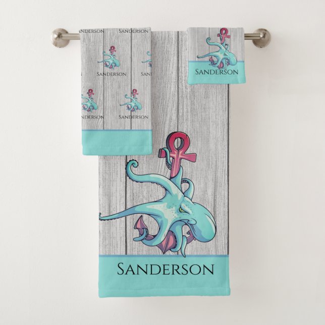 Conjunto De Toalhas Cinza Costeira de Octopus Azul Teal Madeira Náutic (Insitu)