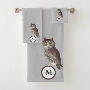 Conjunto De Toalhas Cinza de Nome do Monograma Rustic Watercolor Owl