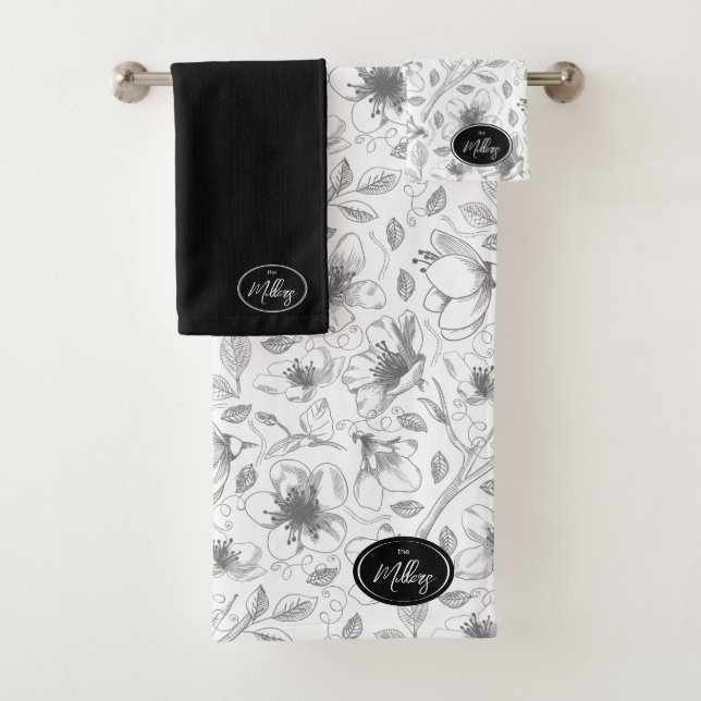 Conjunto De Toalhas Cinza de Padrão Floral de Contorno Descrito/Wht ID (Insitu)