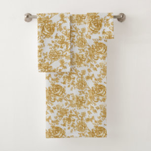 Conjunto De Toalhas Cinza e Dourado Floral Damasco Peônia Rosa