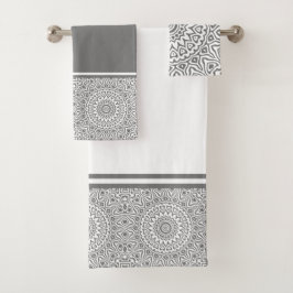 Conjunto De Toalhas Cinza e Mandala Moderno Branco