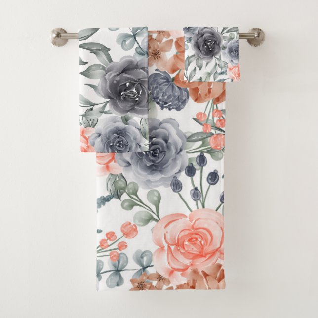 Conjunto De Toalhas Cinza laranja trendy floral  (Insitu)