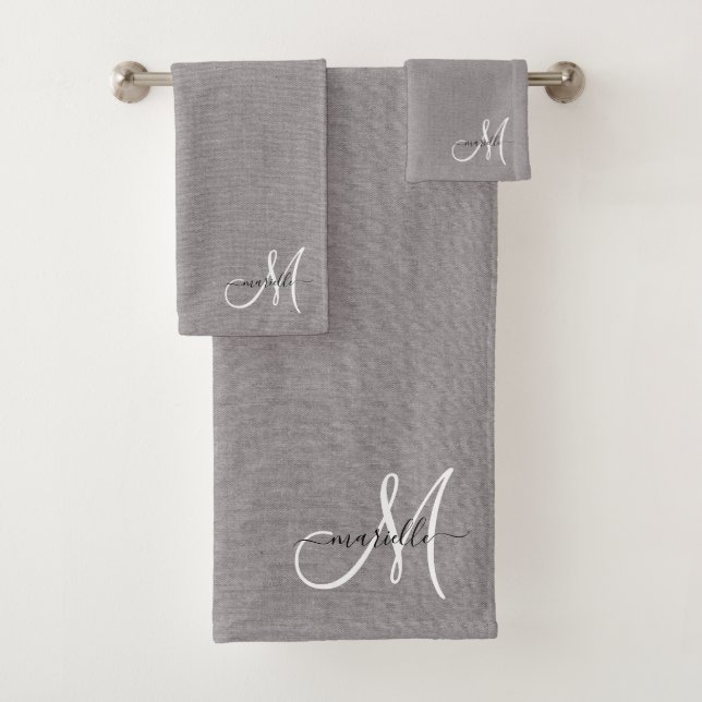 Conjunto De Toalhas Cinza Monograma Branco Faux Cinza Linen (Insitu)