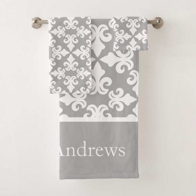 Conjunto De Toalhas Cinza Monograma Fleur-de-lis Branca Personalizada (Insitu)