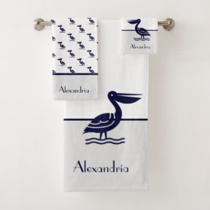 Conjunto De Toalhas Cinza náutica, branco e Marinho, pelicano azul