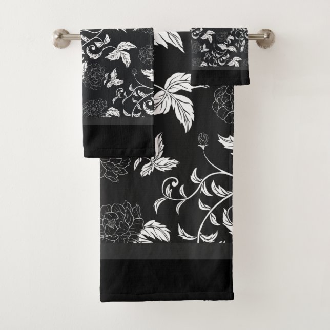 Conjunto De Toalhas Cinza Negra Folha Floral Moderna Elegante  (Insitu)