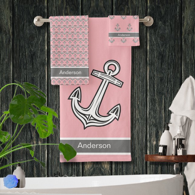 Conjunto De Toalhas Cinza Rosa Anchor Náutico Personalizada,  Rosa, (Criador carregado)