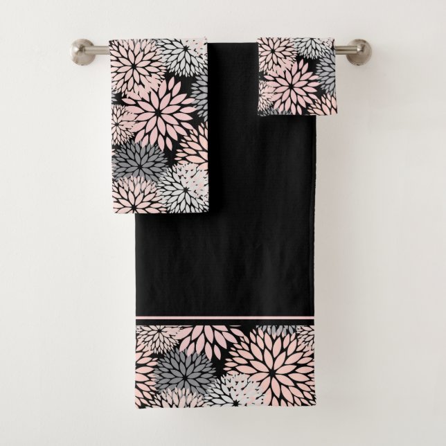 Conjunto De Toalhas Cinza Rosa Dahlia Padrão Floral (Insitu)
