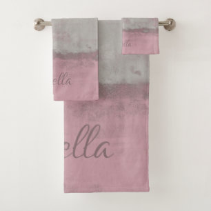 Conjunto De Toalhas Cinza Rosa Rústica Mallow Abstrato Art Nr42 Monog
