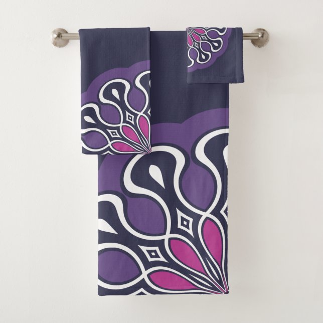 Conjunto De Toalhas Cinza Roxo-Abstrato Moderno Mandala (Insitu)
