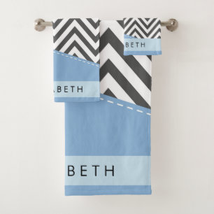 Conjunto De Toalhas Cinza Zigzag, Cinza Chevron, Azul, Seu Nome