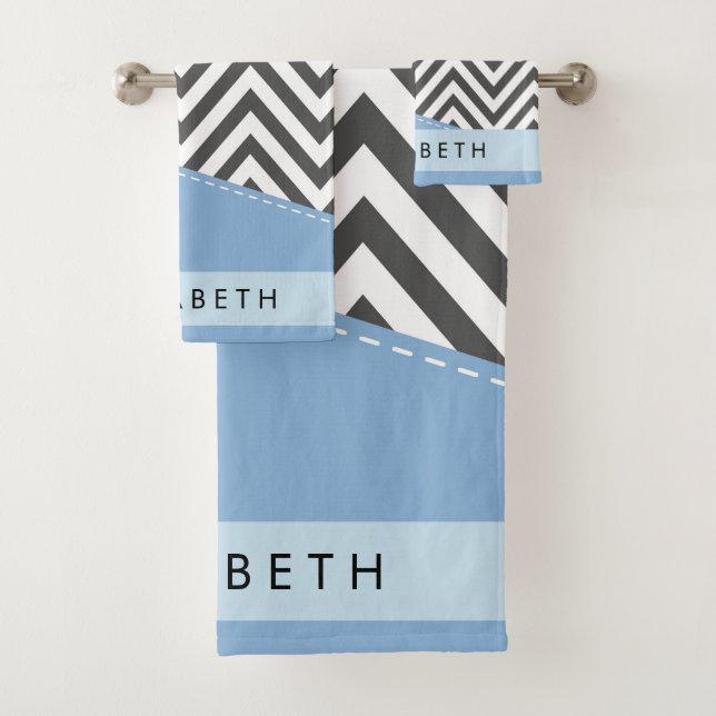 Conjunto De Toalhas Cinza Zigzag, Cinza Chevron, Azul, Seu Nome (Insitu)