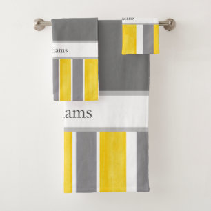 Conjunto De Toalhas Cinzas Amarelas com Faixa Moderna 2