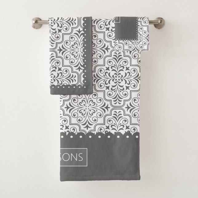Conjunto De Toalhas Cinzas e cores damasco brancas, bordas redimension (Insitu)