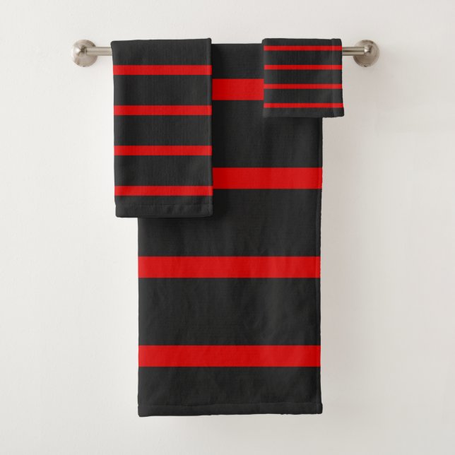 Conjunto De Toalhas Cinzas escuras e riscas vermelhas (Insitu)