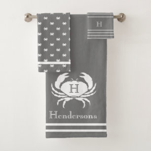 Conjunto De Toalhas Cinzas monogramas e caranguejo branco costeiro