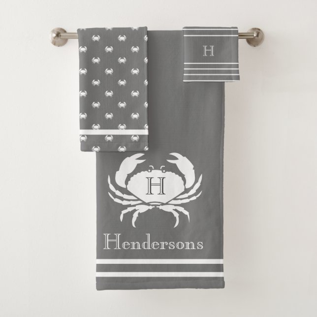 Conjunto De Toalhas Cinzas monogramas e caranguejo branco costeiro (Insitu)